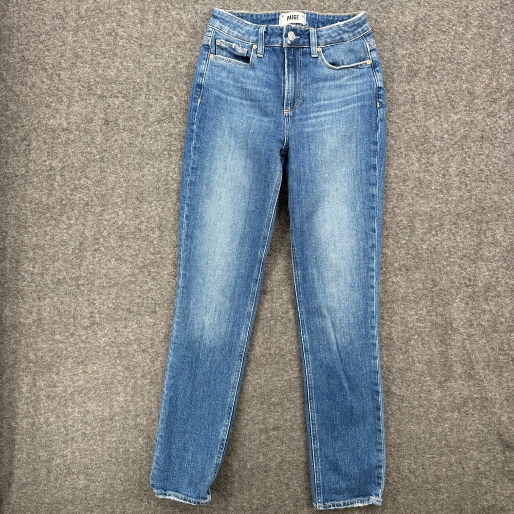 Paige Hoxton slim High Rise Straight Leg Jeans Medium Wash Raw Hem Size 24 - Picture 2 of 12